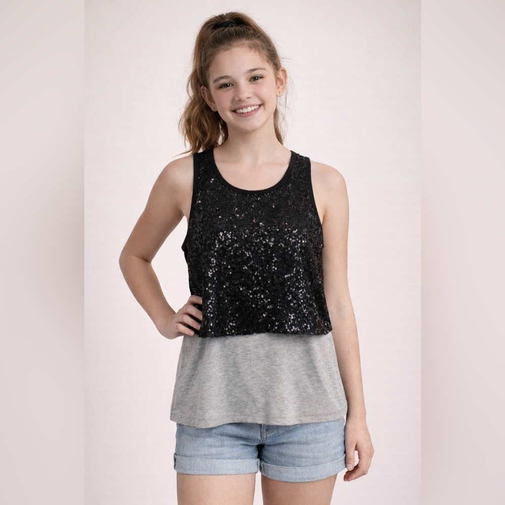 Girls sz XL top sequin double layer tank. Black and gray